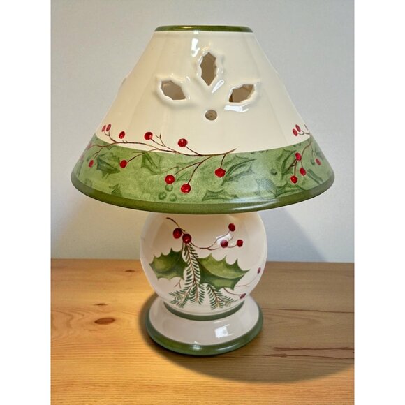 Lenox Holiday Gatherings Ceramic Hurricane Lamp With Holly & Berry Design - Picture 1 of 9
